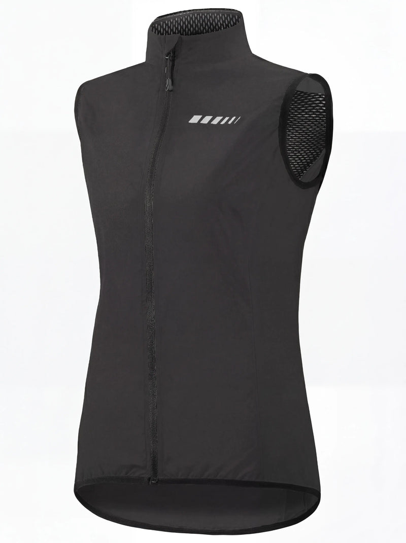QUALICOS Women's Windproof Cycling Vest with Pocket black angled view, full zipper and breathable mesh panels