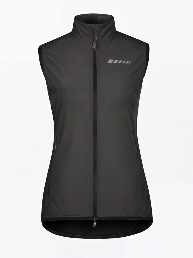 QUALICOS Women's Windproof Cycling Vest with Pocket black front view, full zipper and reflective chest detail