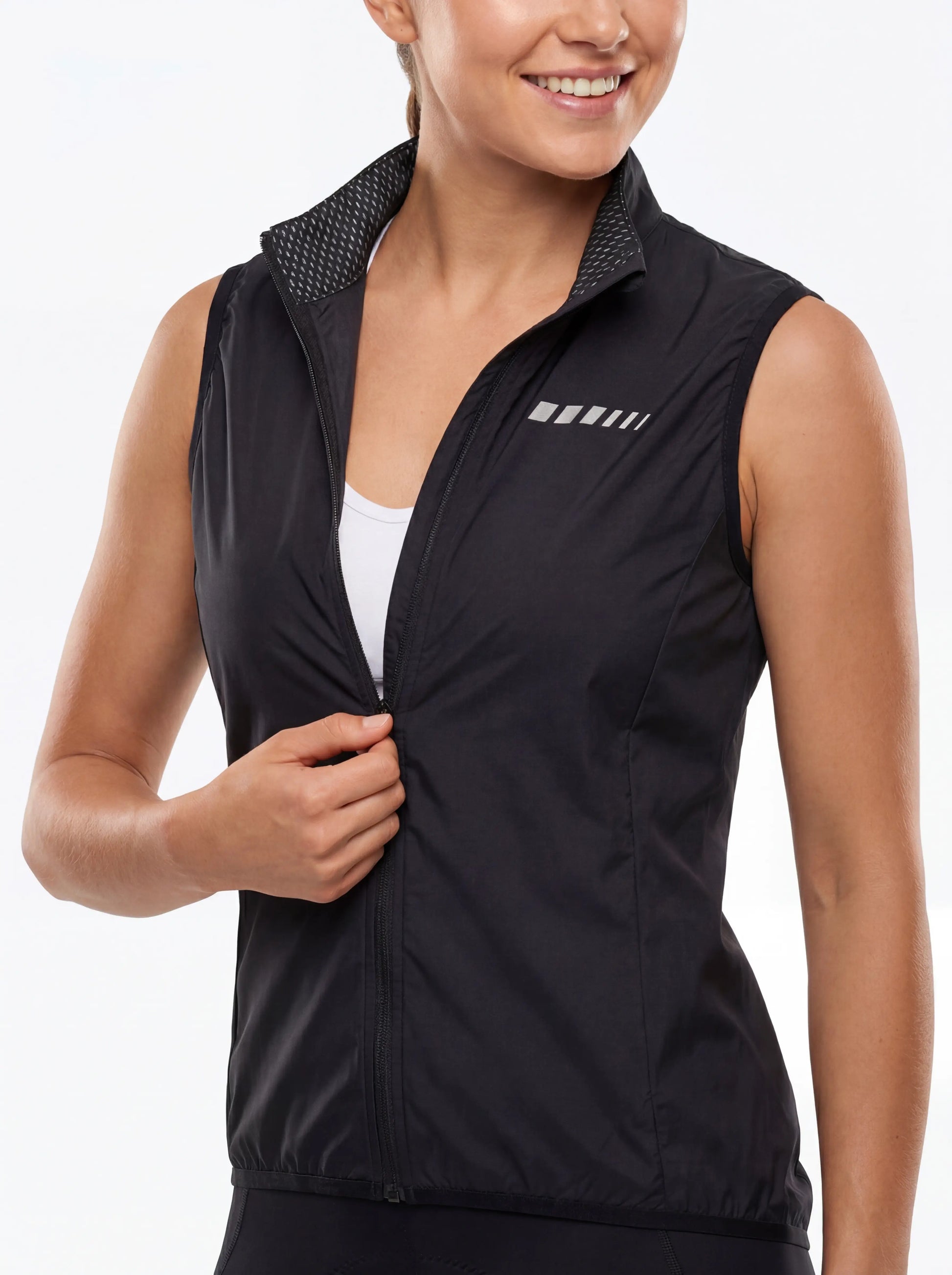 QUALICOS Women's Windproof Cycling Vest with Pocket black close-up, open zipper and reflective chest detail