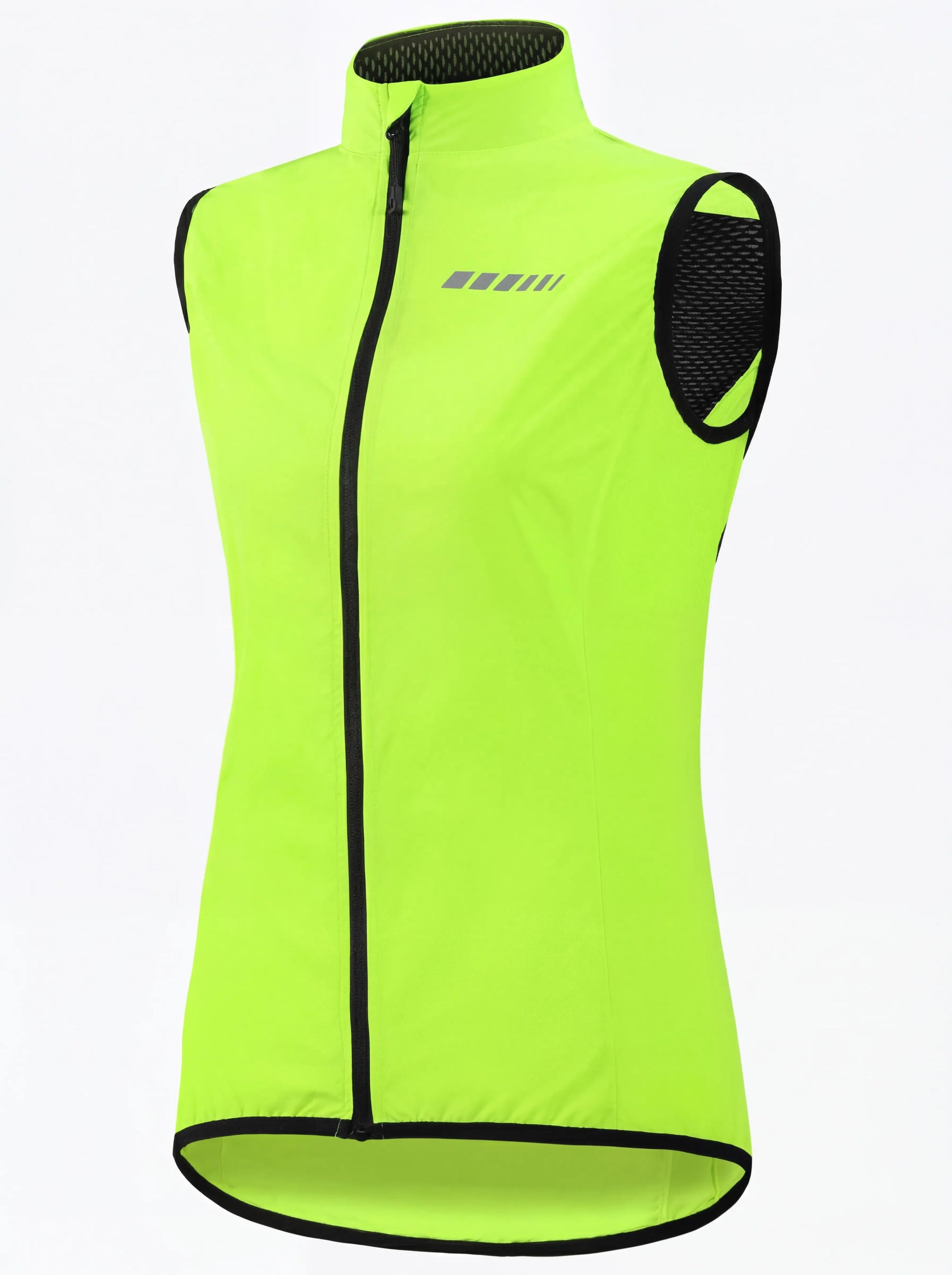 QUALICOS Women's Windproof Cycling Vest with Pocket high-vis yellow angled view, full zipper and mesh panels