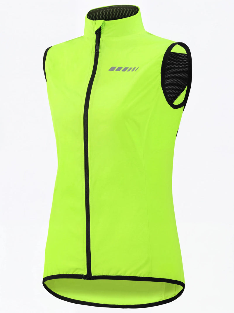 QUALICOS Women's Windproof Cycling Vest with Pocket high-vis yellow angled view, full zipper and mesh panels