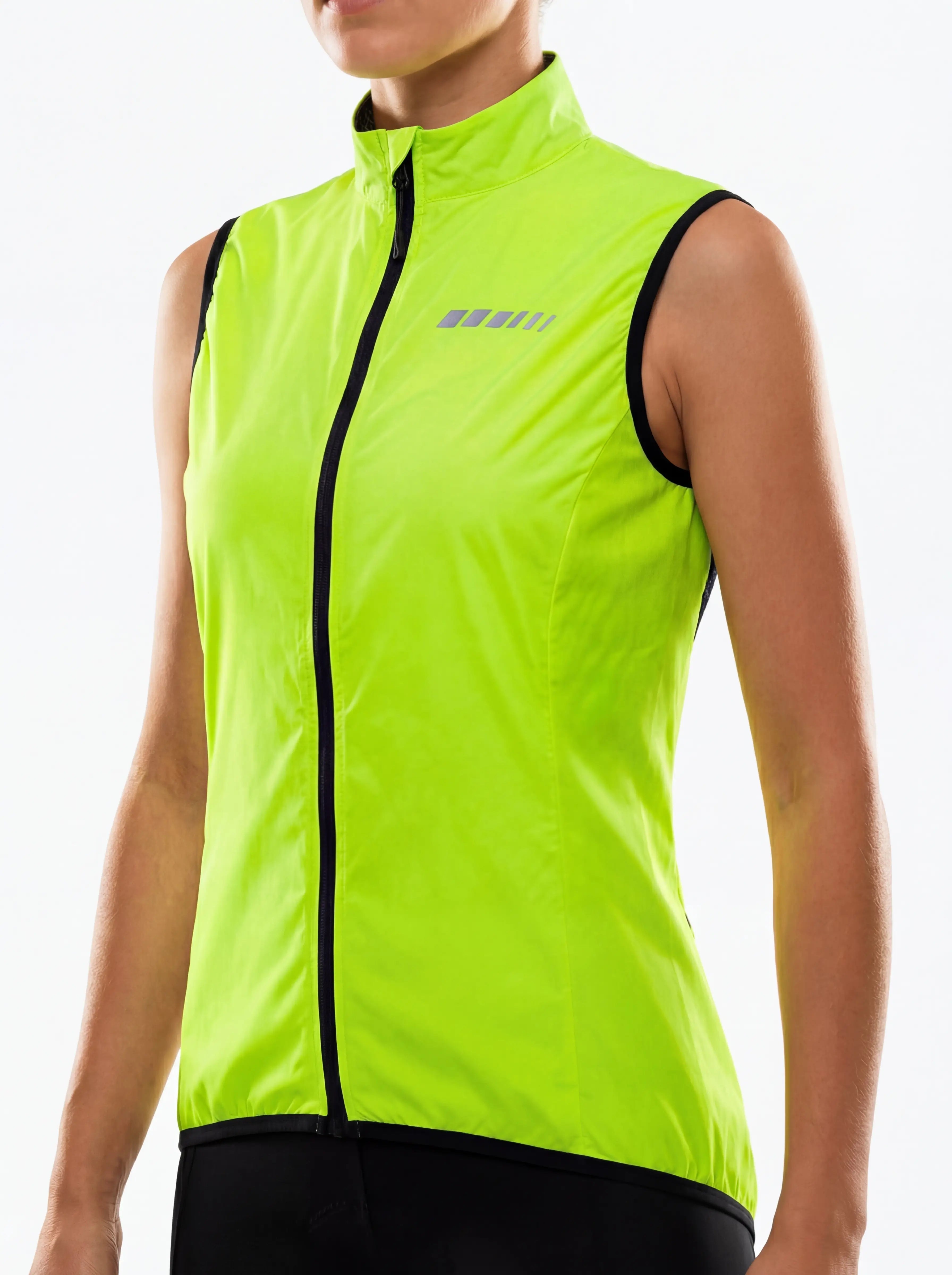 QUALICOS Women's Windproof Cycling Vest with Pocket high-vis yellow close-up, full zipper and reflective chest detail
