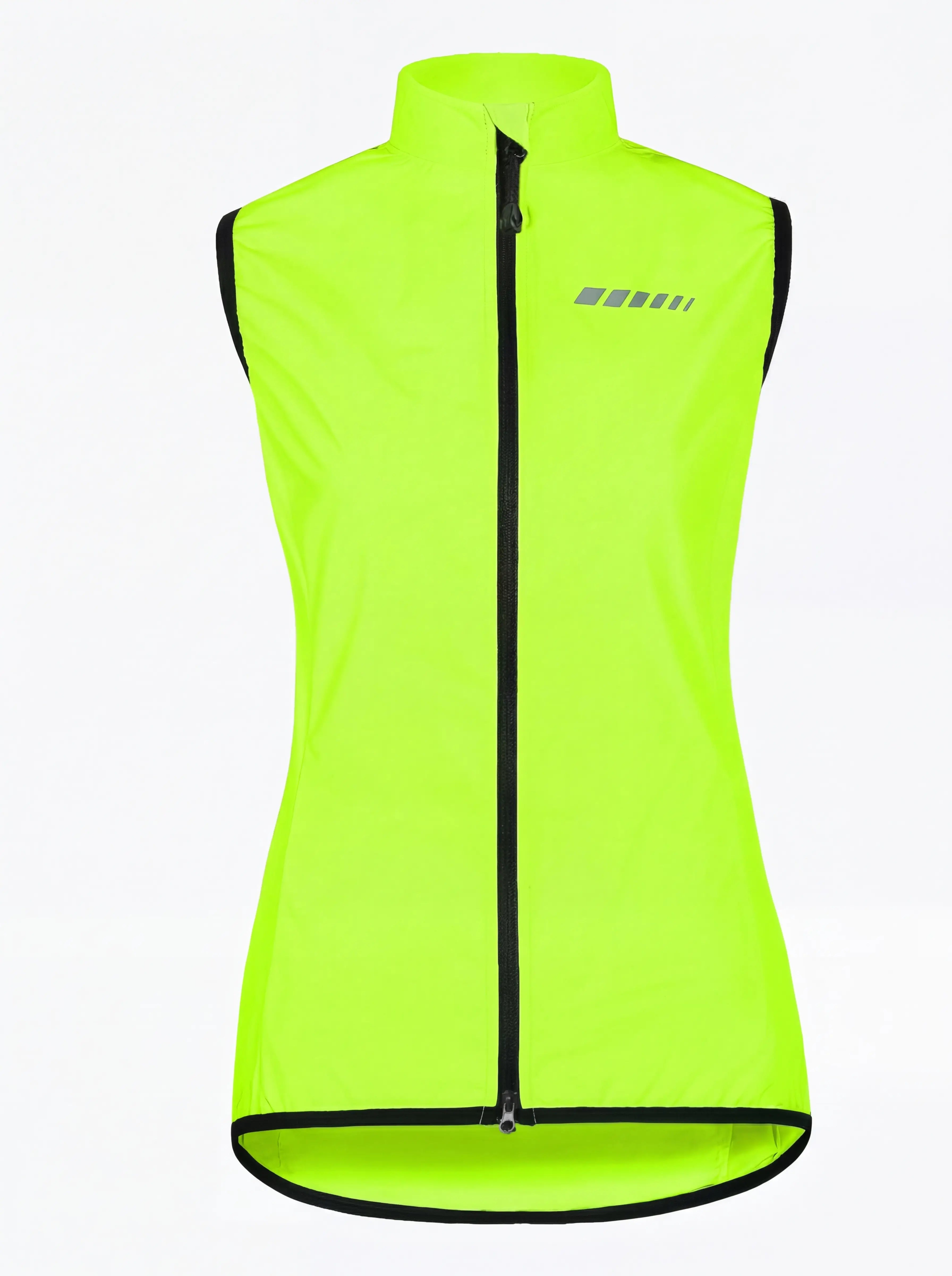 QUALICOS Women's Windproof Cycling Vest with Pocket high-vis yellow front view, full zipper and reflective detail