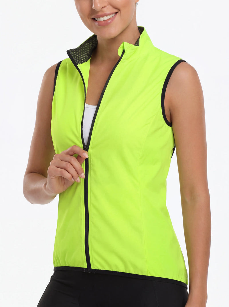 QUALICOS Women's Windproof Cycling Vest with Pocket high-vis yellow close-up, open zipper and stand collar